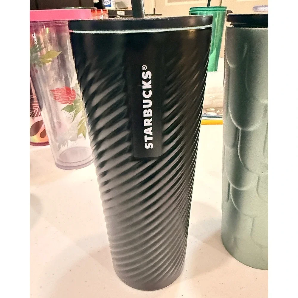Starbucks Stainless Steel Tumbler Lot 3 Snowdrop Black Ribbed Green Swirl